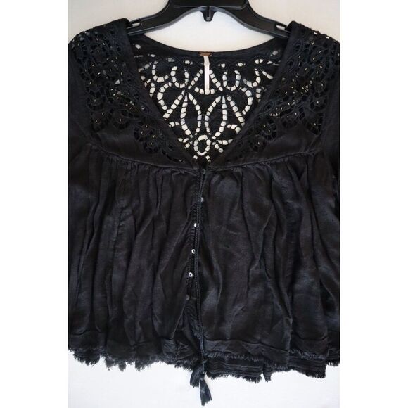Free People Women's Sz S Black "How You Doin" L/S Flowy Button-Up Blouse - Picture 6 of 8